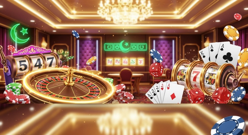 GoldsBet login Pakistan – best casino games banner with roulette, cards, poker chips, and neon lights for Pakistani players.